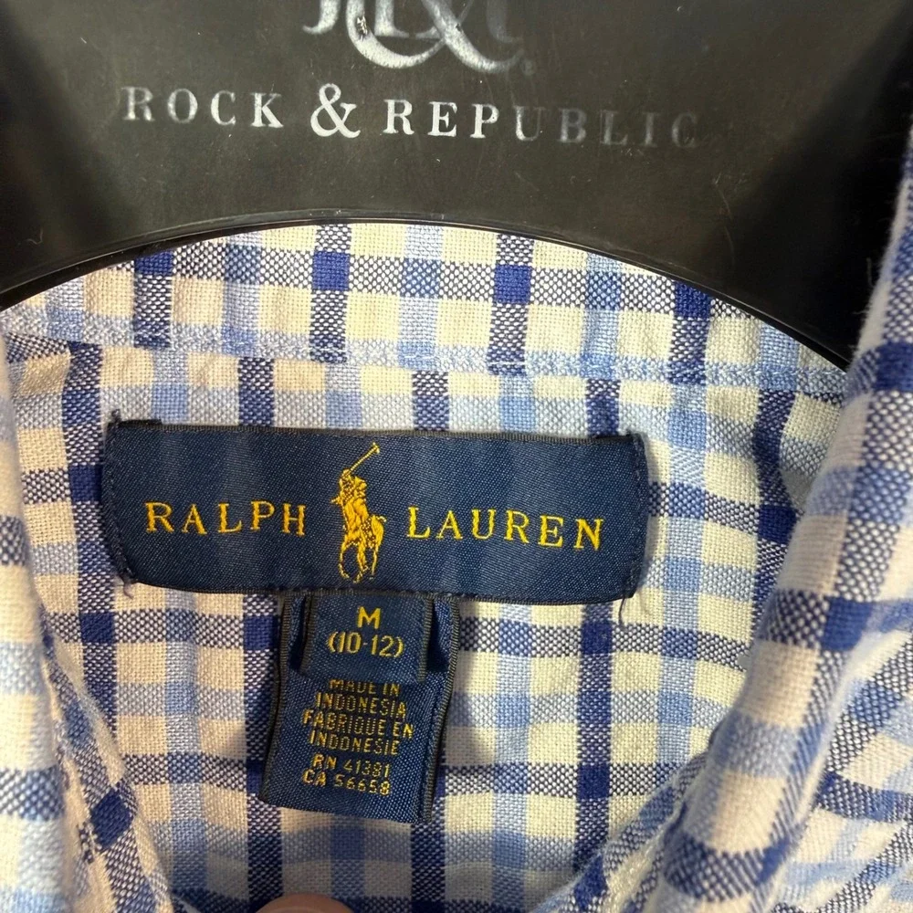 Ralph Lauren Button Down Shirt Boys M 10-12 Blue White Plaid Long Sleeve Pony
